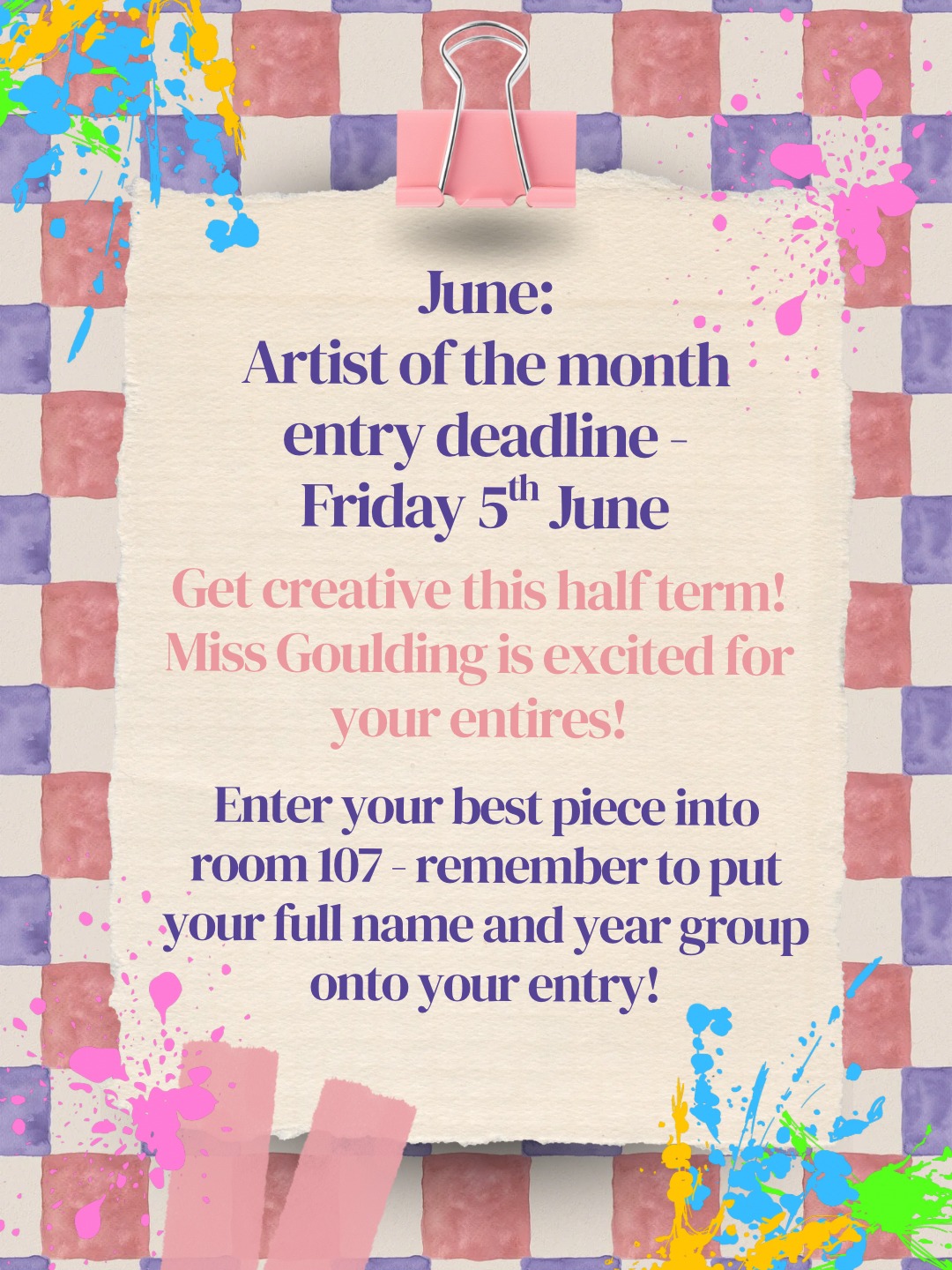 Get creative over half term and enter the Artist of the Month Competition!