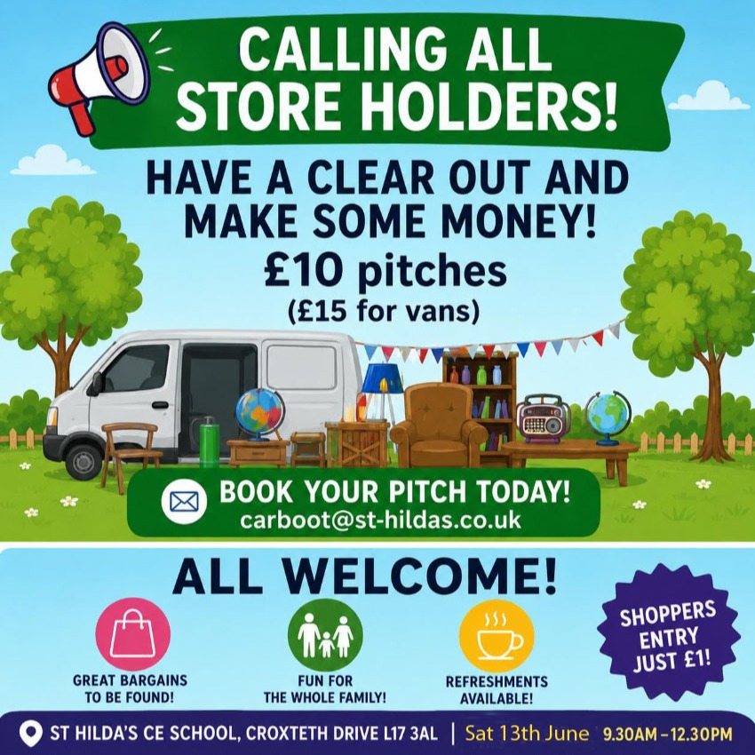 FOSH Car Boot Sale is back!
Join us on Saturday 13th June, 9:30am – 12:30pm for a morning of great finds, bargains and community fun!
Come along, grab a bargain and support our school 💙
Interested in having a stall? Book your space by contacting us at carboot@st-hildas.co.uk