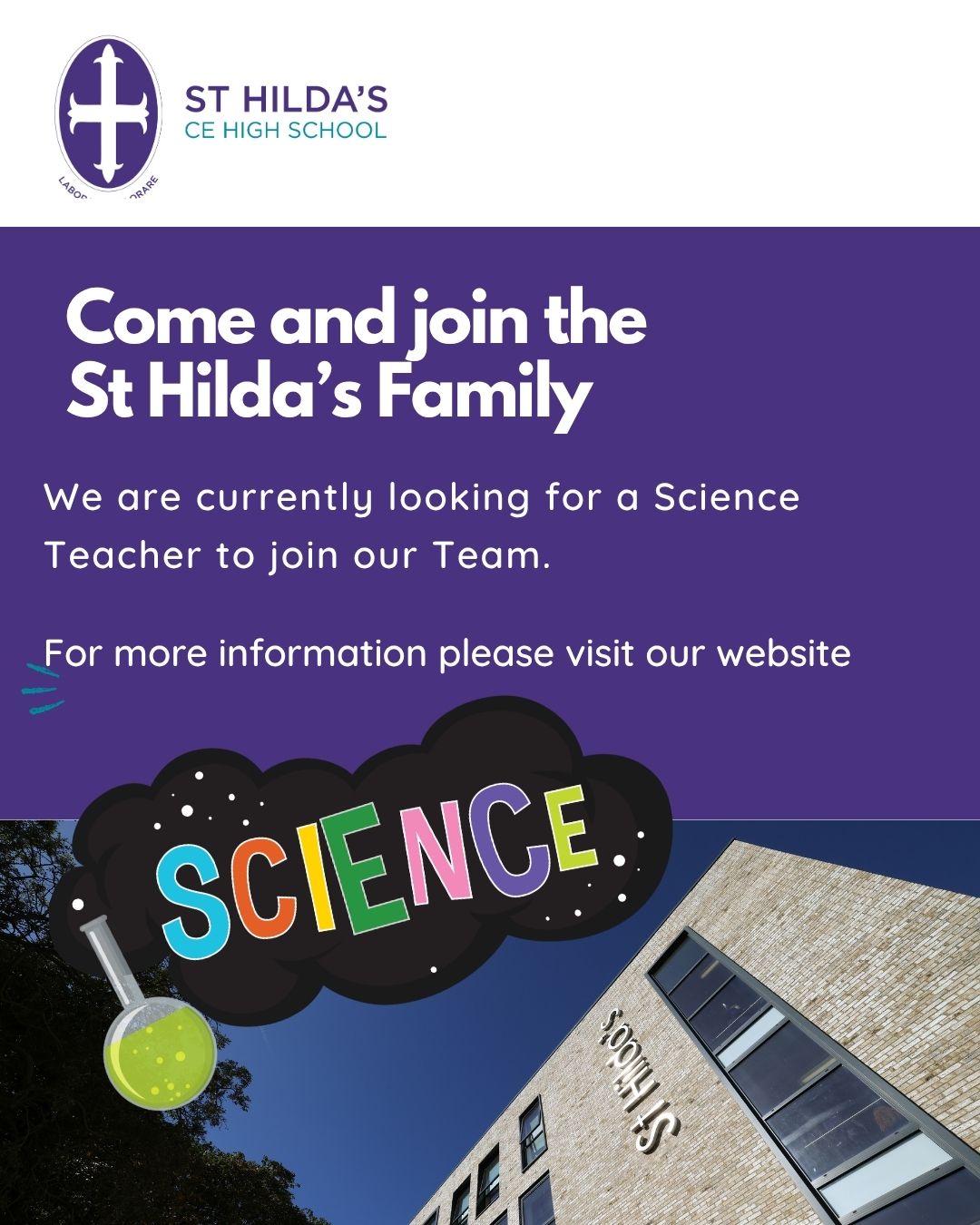 We are looking for a Science Teacher to join the St Hilda's family! Visit our website for more details.