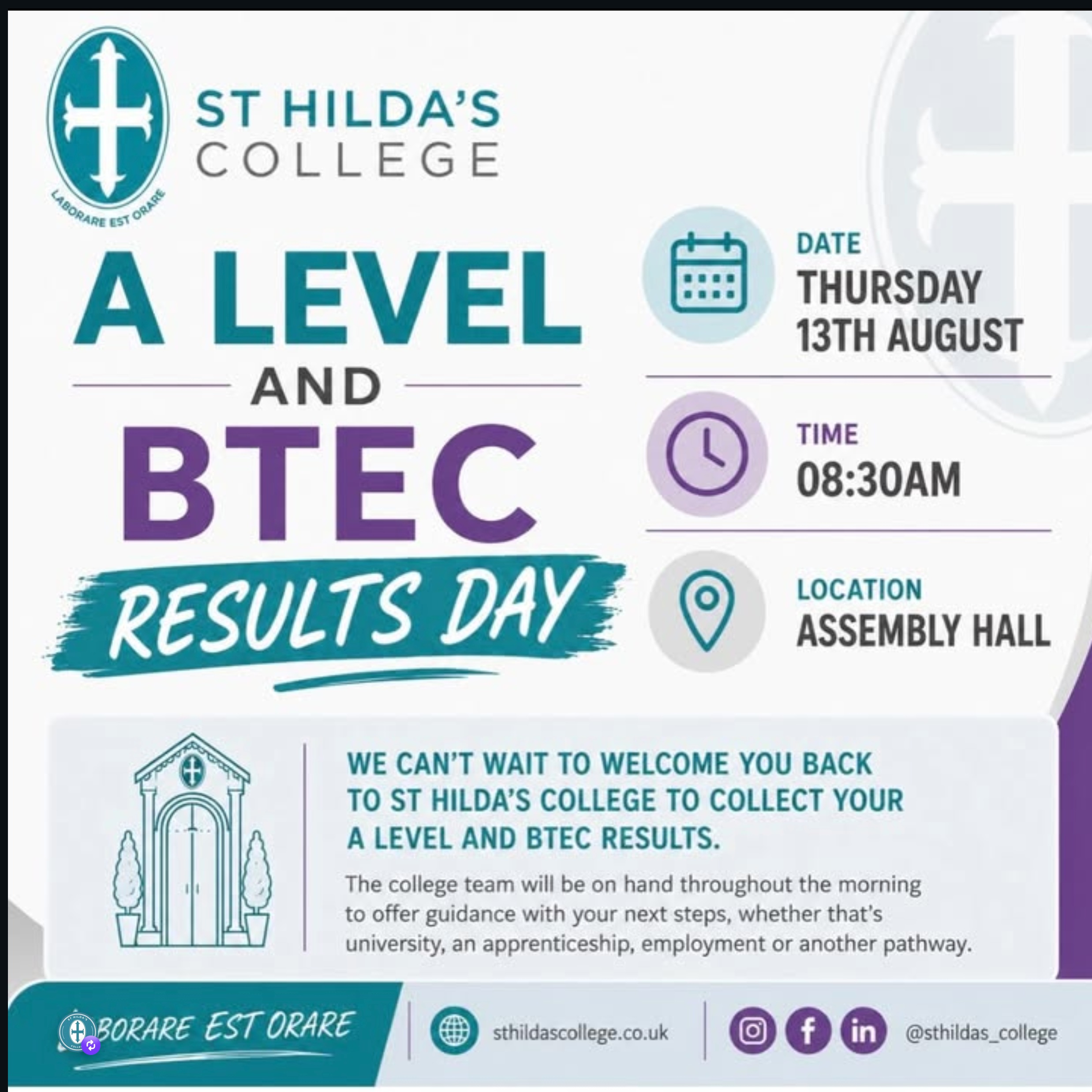 Alevel and BTEC Results Day✨
📆Thursday 13th August
⏰ 08:30am
📍Assembly Hall
We can't wait to see you!
College staff will be there to offer you support and guidance along with a careers advisor. #anythingispossible