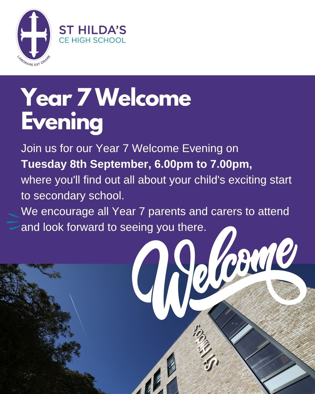 A warm welcome to our new Year 7 families! 💙

Join us for our Year 7 Welcome Evening on Tuesday 8 September, 6.00pm to 7.00pm, where you'll find out all about your child's exciting start to secondary school.

We encourage all parents and carers to attend and look forward to seeing you there.

#Year7Transition #WelcomeToStHildas