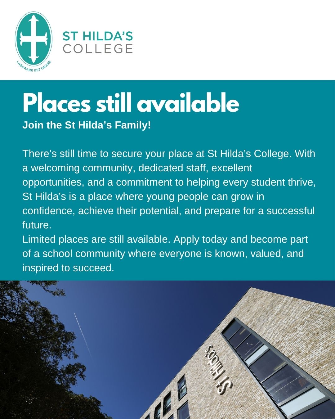We still have limited places available at our College so there is still time for you to come (or come back) and join the St Hilda's Family! To apply just drop us an e-mail at admin@st-hildas.co.uk and we will be in touch!