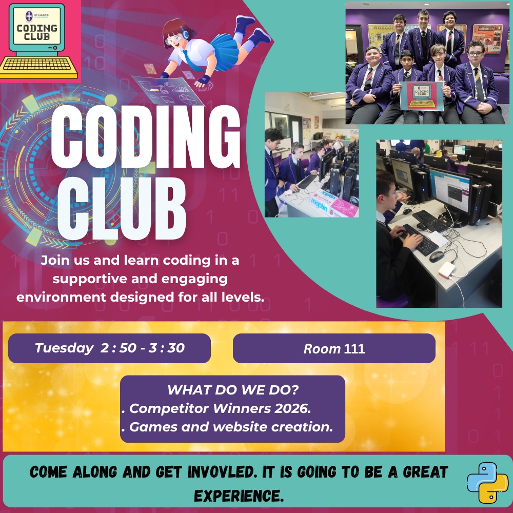 🚀 Join Coding Club! 💻✨
Calling all KS3 and KS4 students! Whether you're a complete beginner or already love coding, our Coding Club is the perfect place to learn new skills, get creative, and have fun with technology.
🌟 Learn to code
🌟 Build exciting projects
🌟 Develop problem-solving skills
🌟 Work with like-minded students
🌟 Take part in competitions and challenges
From creating games and websites to exploring the latest digital technologies, there's something for everyone!
📍 Open to all KS3 and KS4 students
💡 No experience needed – just enthusiasm and curiosity!
Speak to Mrs McDonagh or Mrs Banks for more information and come along to discover what you can create!
#CodingClub #STEM #DigitalSkills #FutureReady #TeamStHildas 💙💻👩💻👨💻