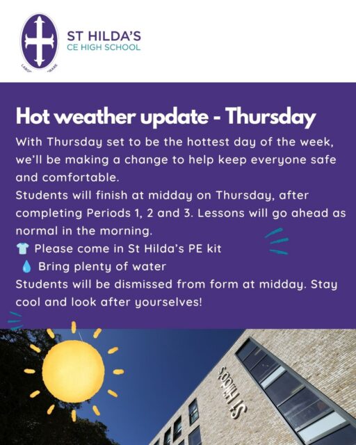 Hot weather update. Parents/Carers have been sent an e-mail this afternoon.