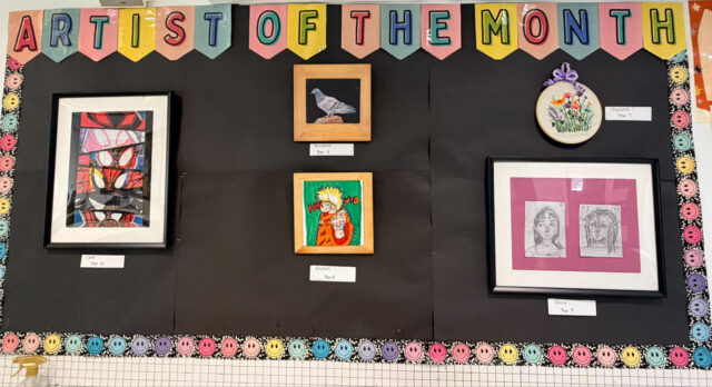 We are excited to announce our amazing Artist of the Month winners:
Year 7 - Charlotte 
Year 8 - Reuben 
Year 9 -Jessica 
Year 10- Lucie
Year 11-Annabelle
Congratulations to you all!